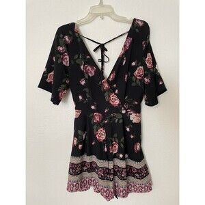 Trixxi Women's Floral Black Romper V-Neck Short Sleeve Tie Accent Size M